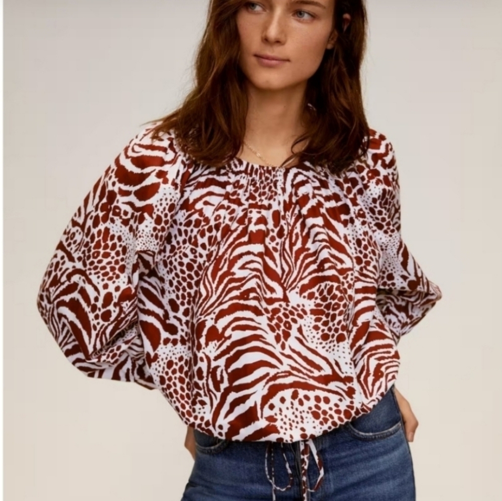 NWOT Mango Brown and White Printed Off-Shoulder Blouse